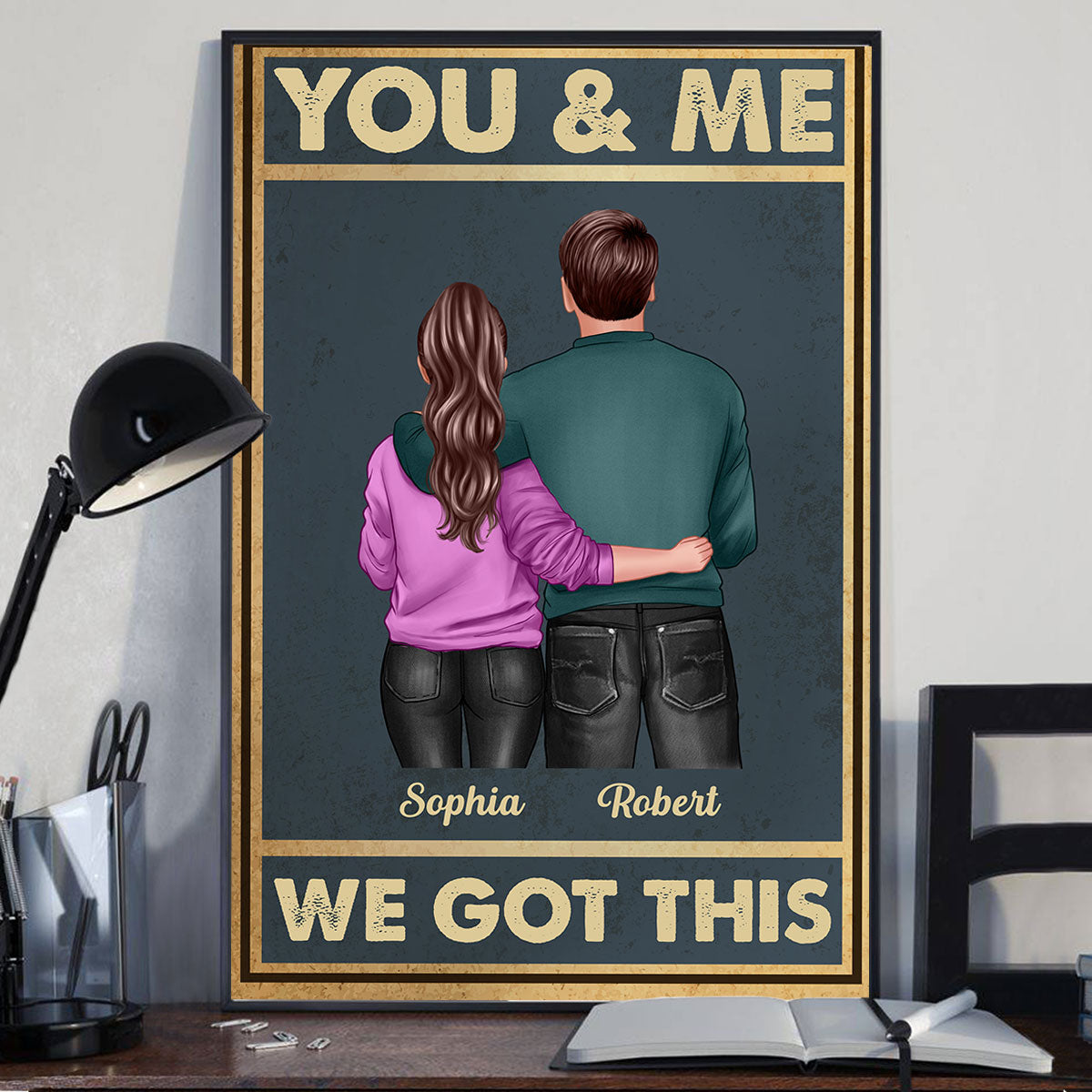 Vintage Background Back View Couple Hugging You & Me We Got This Personalized Vertical Poster