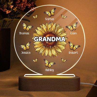 Sunflower Grandma Butterflies Grandkids Names Personalized Circle Acrylic Plaque LED Lamp Night Light
