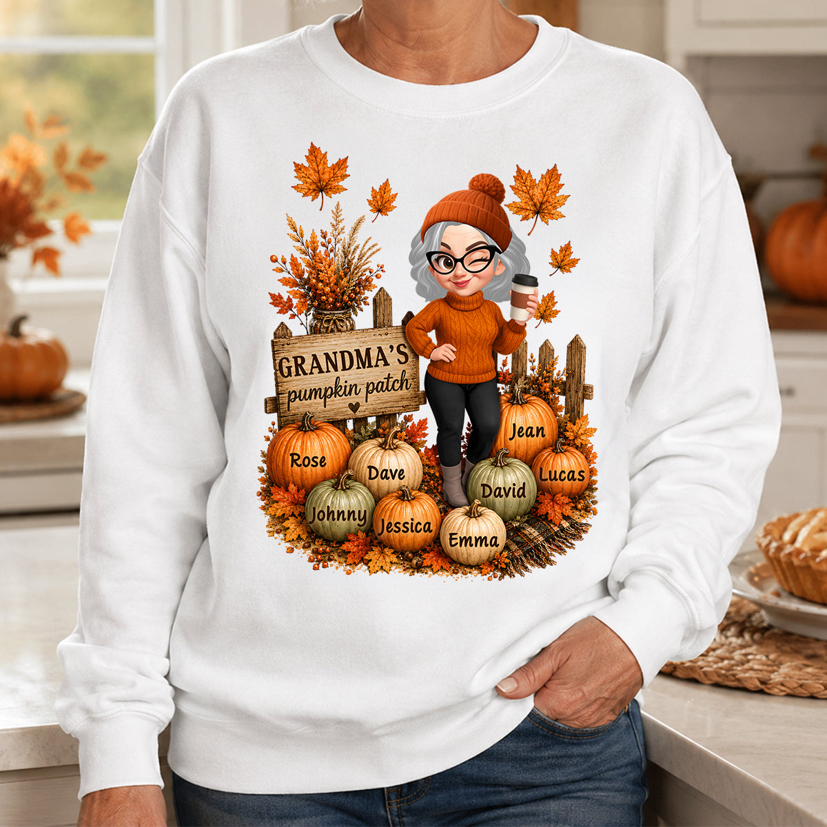 Hello Fall Grandma's Pumpkin Patch - Personalized Shirt - Trendy Fall Tee for Grandma
