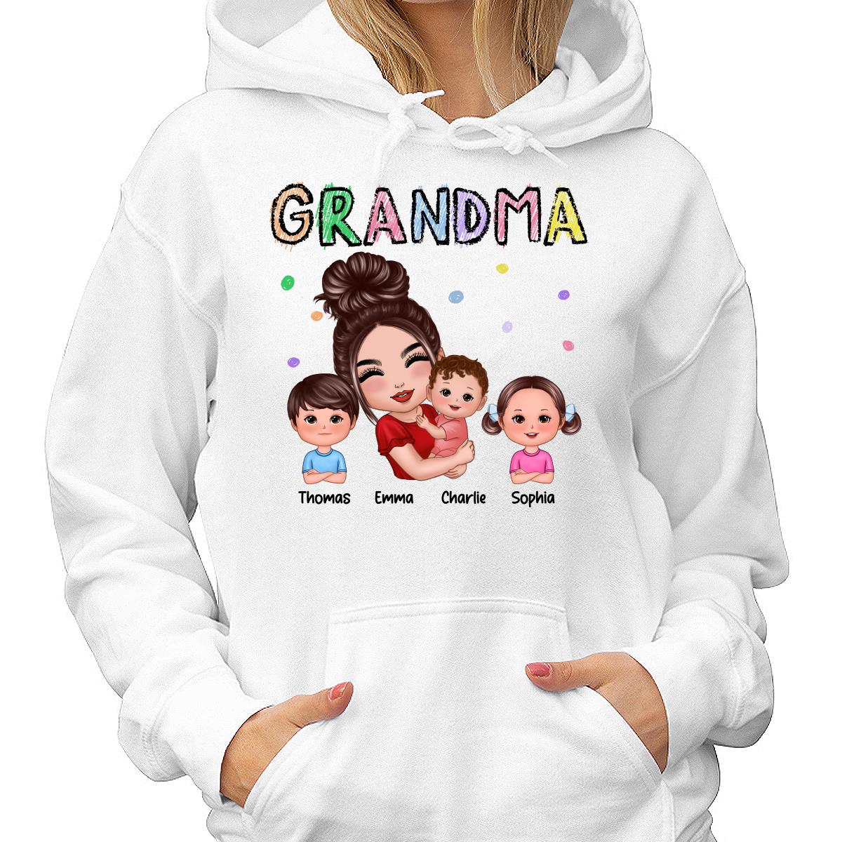Crayon Text Doll Grandma Hugging Kids Personalized Shirt