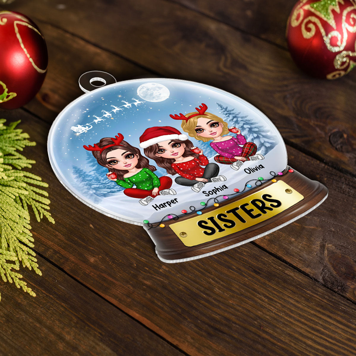 Lovely Sisters In Snow Globe Personalized Acrylic Ornament, Christmas Gift For Sisters