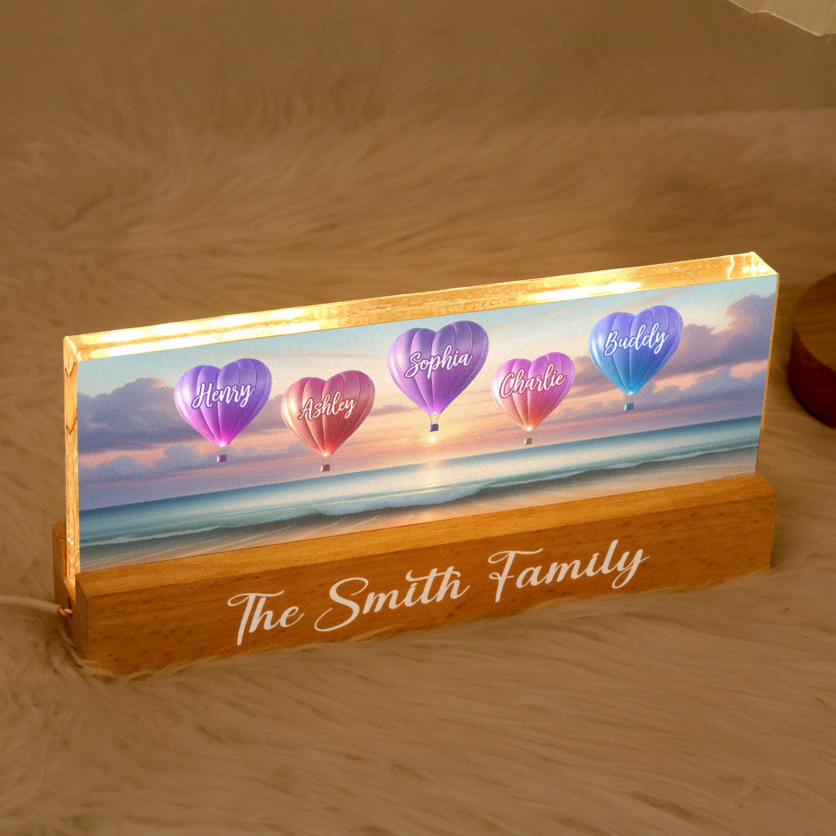 Personalized Family Heart Air Balloons At Beach Acrylic Block LED Night Light, Gift for Family, Dad, Mom, Wife, Husband