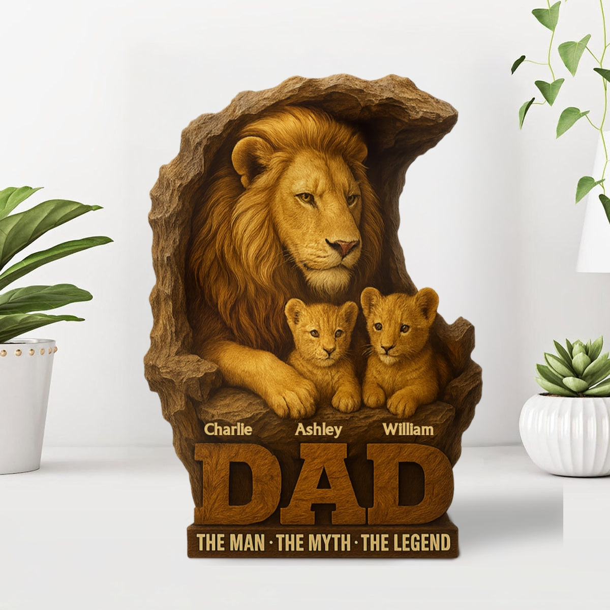 Lion Dad And Kids Personalized Custom Shape Acrylic Block Plaque