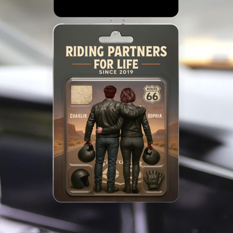3D Effect Custom Figure Couple Bikers Riding Partners For Life Personalized Acrylic Car Hanger