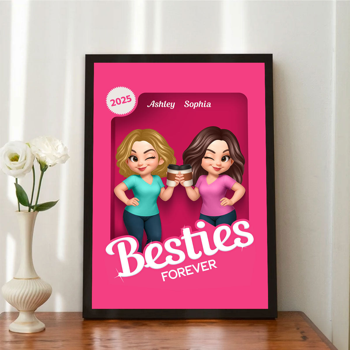 Besties Partners In Crime Pink Action Figure 3D Effect Personalized Poster