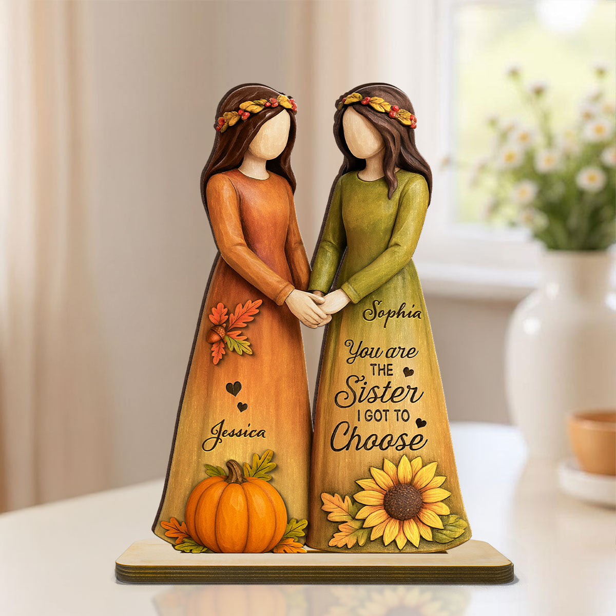Fall Season Besties Sisters 3D Effect Personalized Standing Wooden Plaque, Gift Friendship Gift for Besties