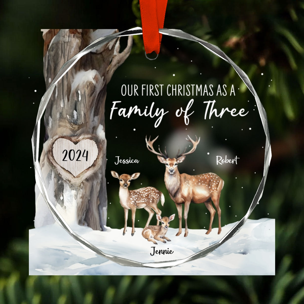 First Christmas As Family Of Three Deers Personalized Glass Ornament