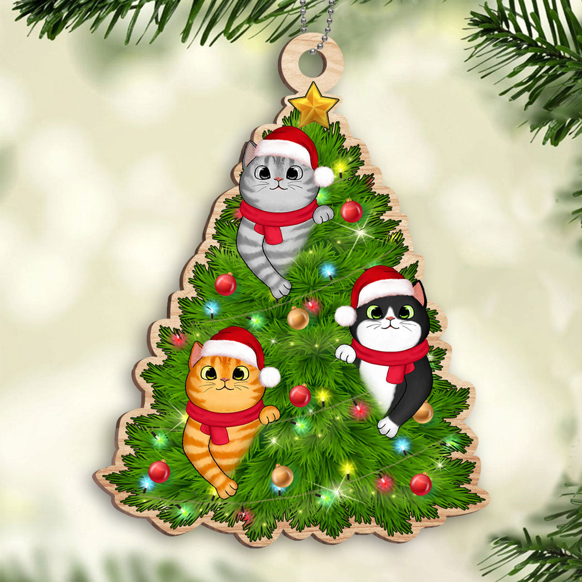 Fluffy Cats Playing On Christmas Tree Personalized Wooden Ornament