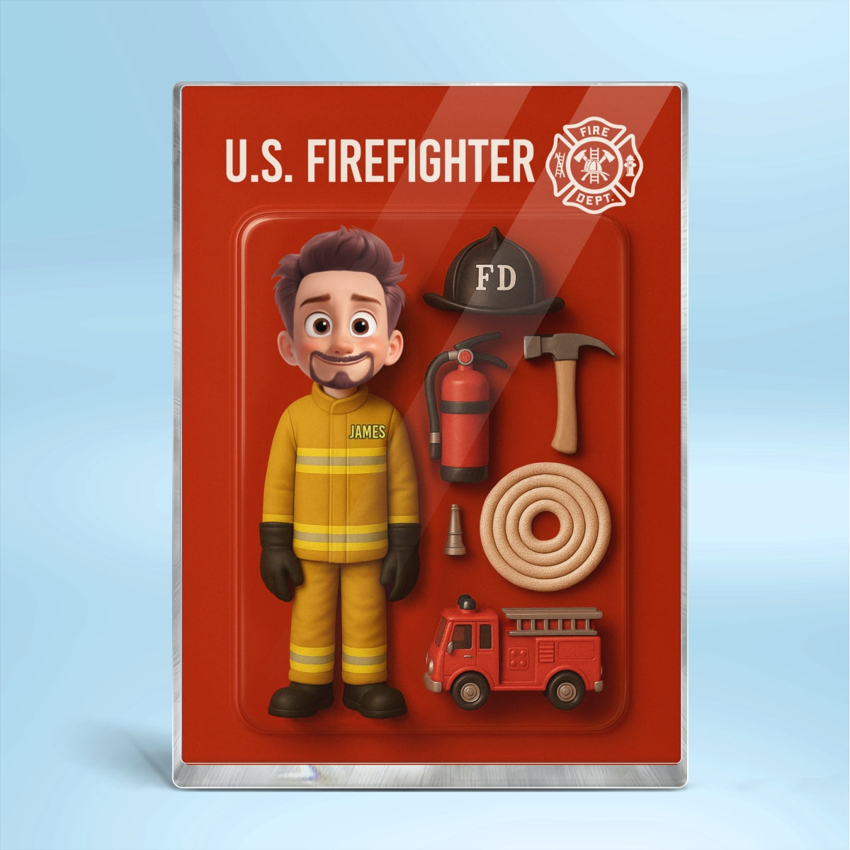 3D Effect Cartoon Funny Style Firefighter Custom Figure Personalized Flat Rectangle Acrylic Block