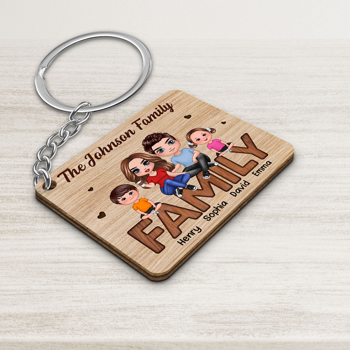 Doll Family Couple Kid Dog Cat Sitting On Text Personalized Wooden Keychain