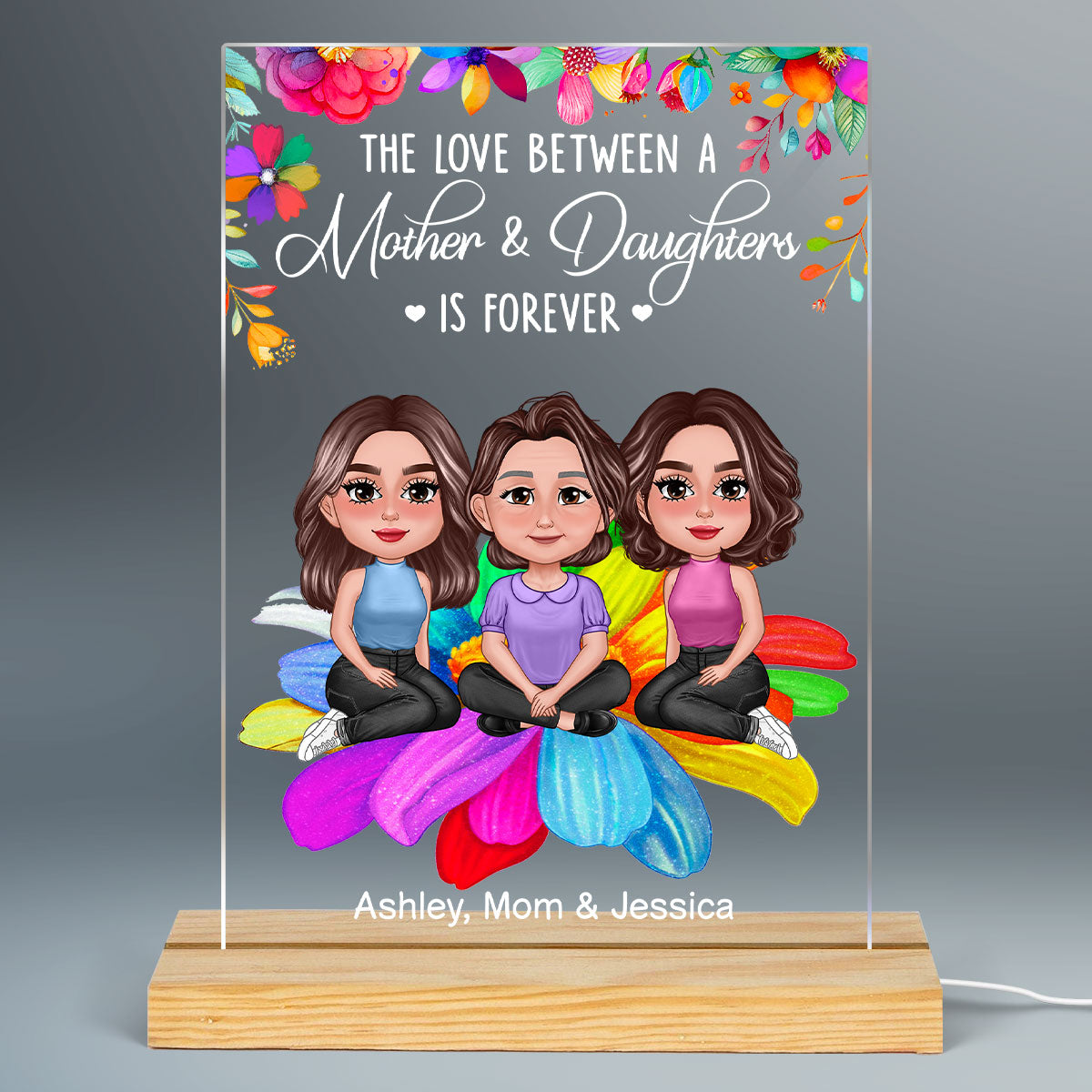 Pretty Doll Mother Daughters Sitting On Colorful Flower Personalized Acrylic LED Night Light