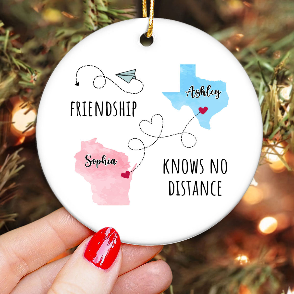 Friendship Sisters Family Love Knows No Distance Personalized Circle Ceramic Ornament, Long Distance State To State Togetherness Gift
