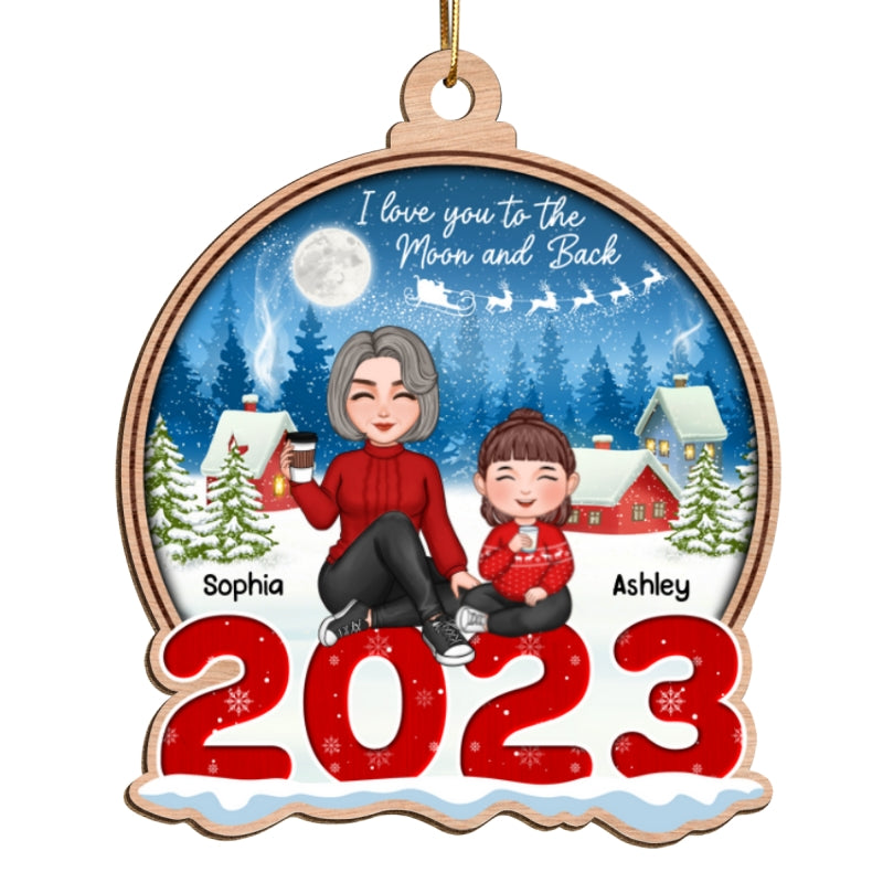 Cute Grandma Grandkids Sitting On Snow 2023 Christmas Sleigh Personalized Wooden Ornament