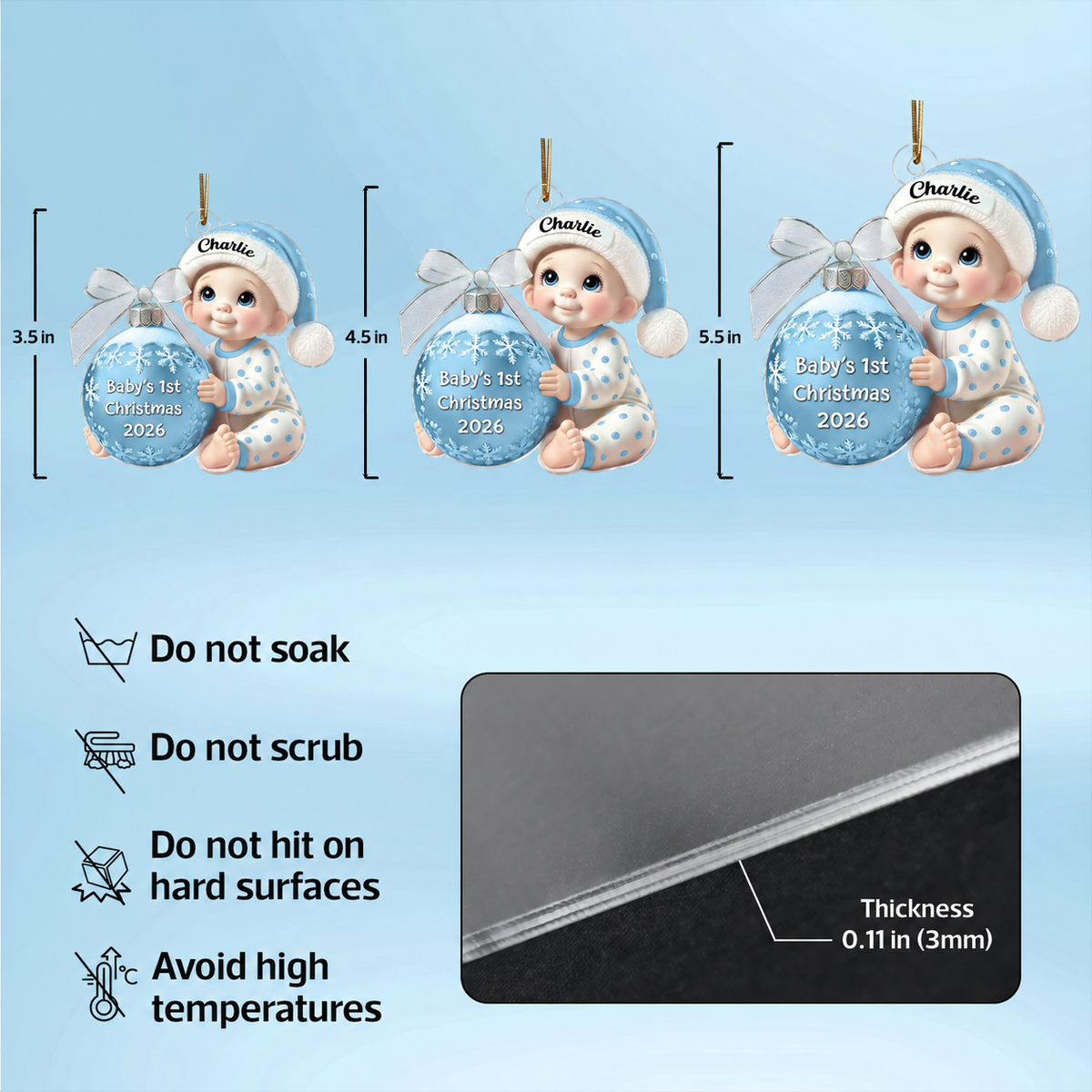 Baby Holding Christmas Bauble 3D Effect Baby's First Christmas Personalized Acrylic Flat Ornament