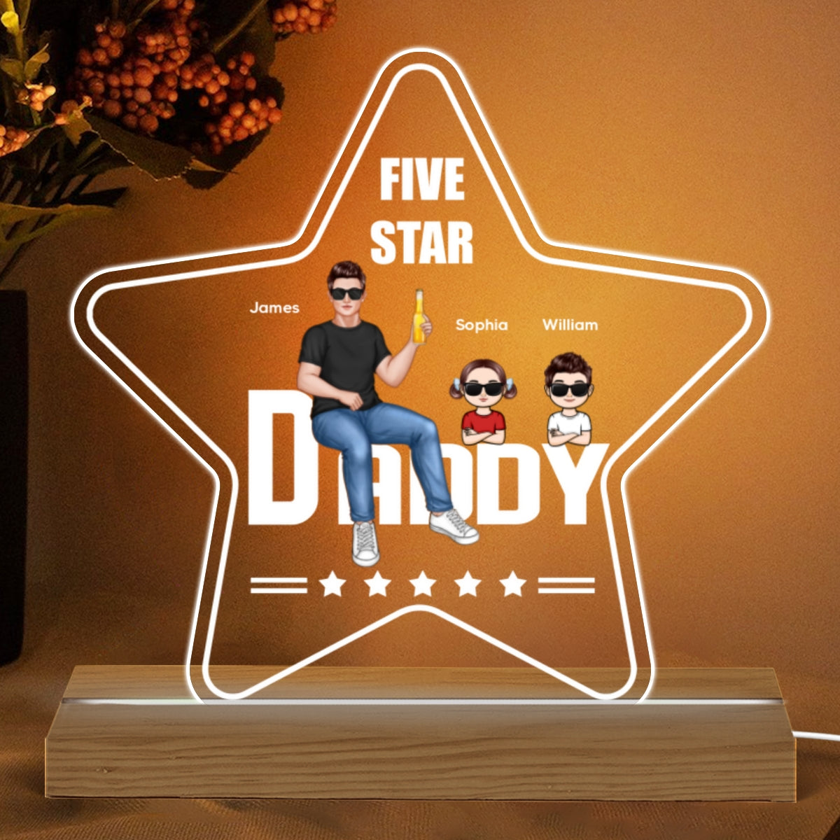 Daddy Sitting On Text Real Man And Kids Personalized Warm Acrylic Custom Shape LED Night Light