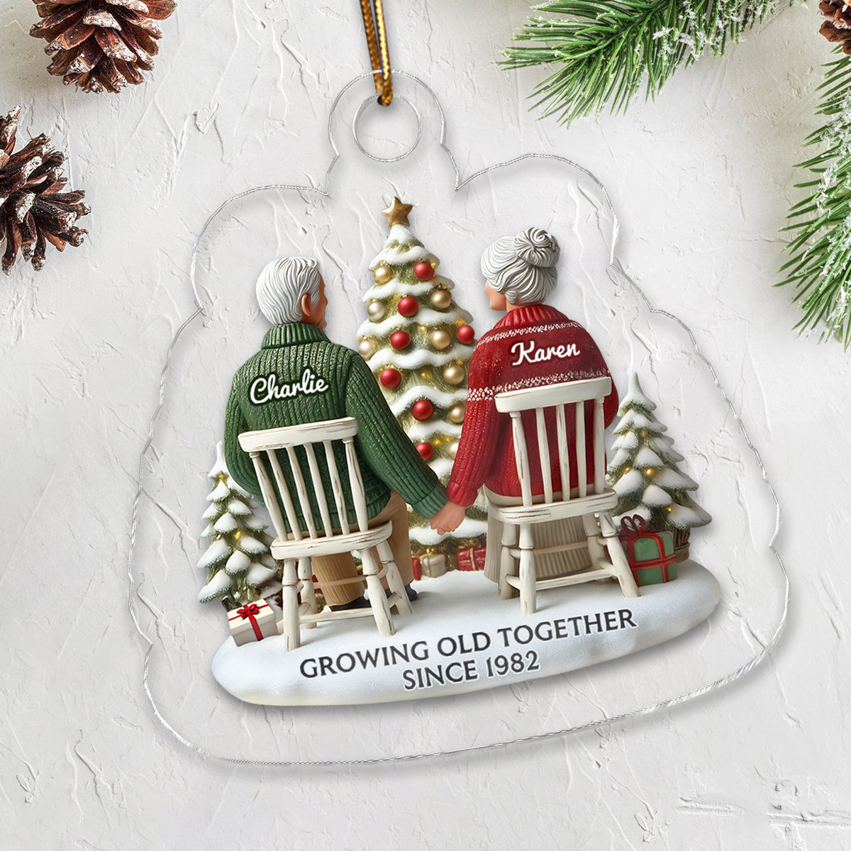 3D Effect Old Couple Growing Old Together Christmas - Personalized Acrylic Ornament - Gift for Him, Gift for Her
