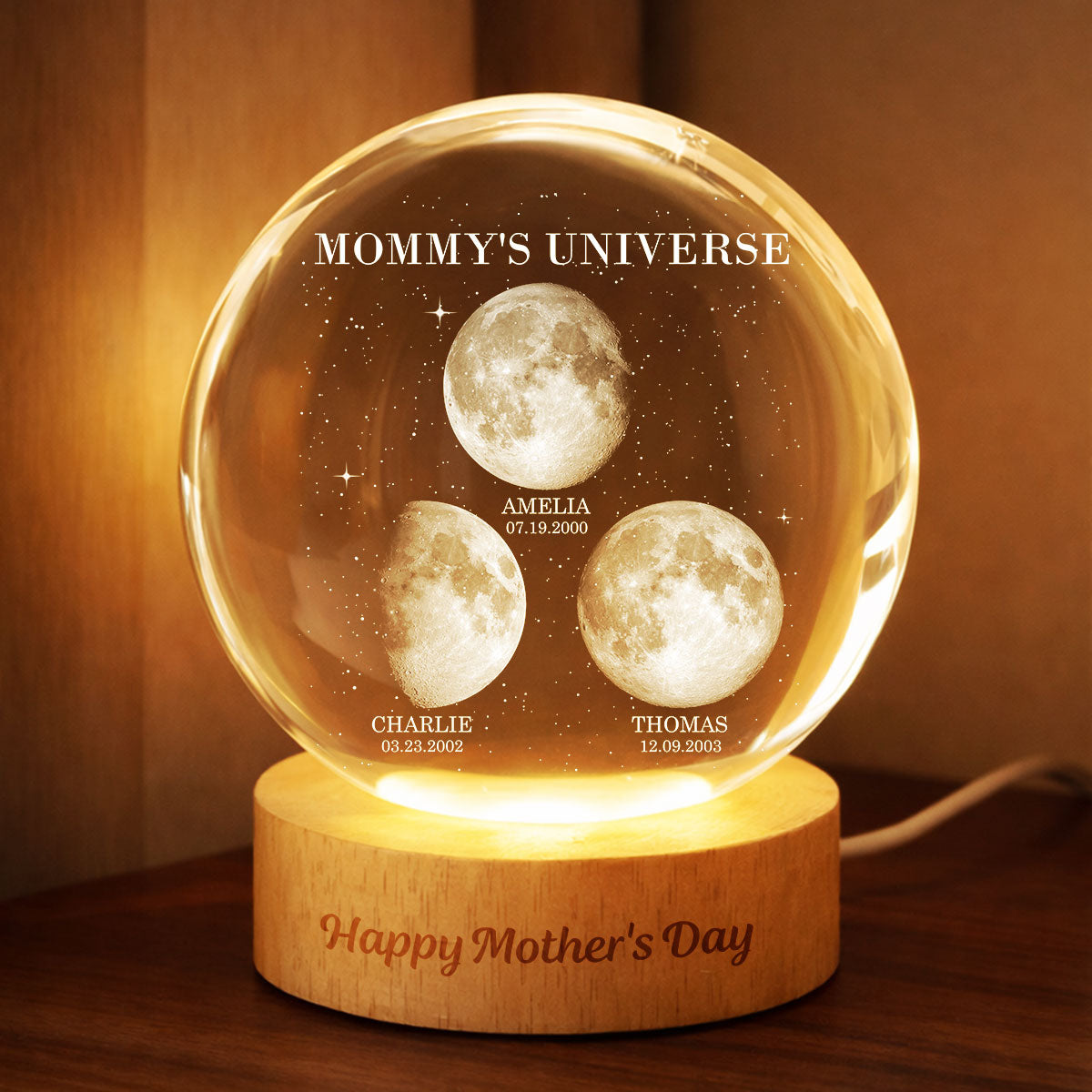 Mommy's Universe, Custom Moon Phase by Date - Personalized Crystal Ball LED Night Light - Mother's Day Gift for Mom, Wife