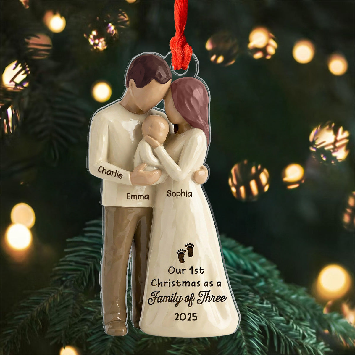 3D Effect First Christmas As Family Of Three Mom Dad & Baby - Personalized Acrylic Ornament