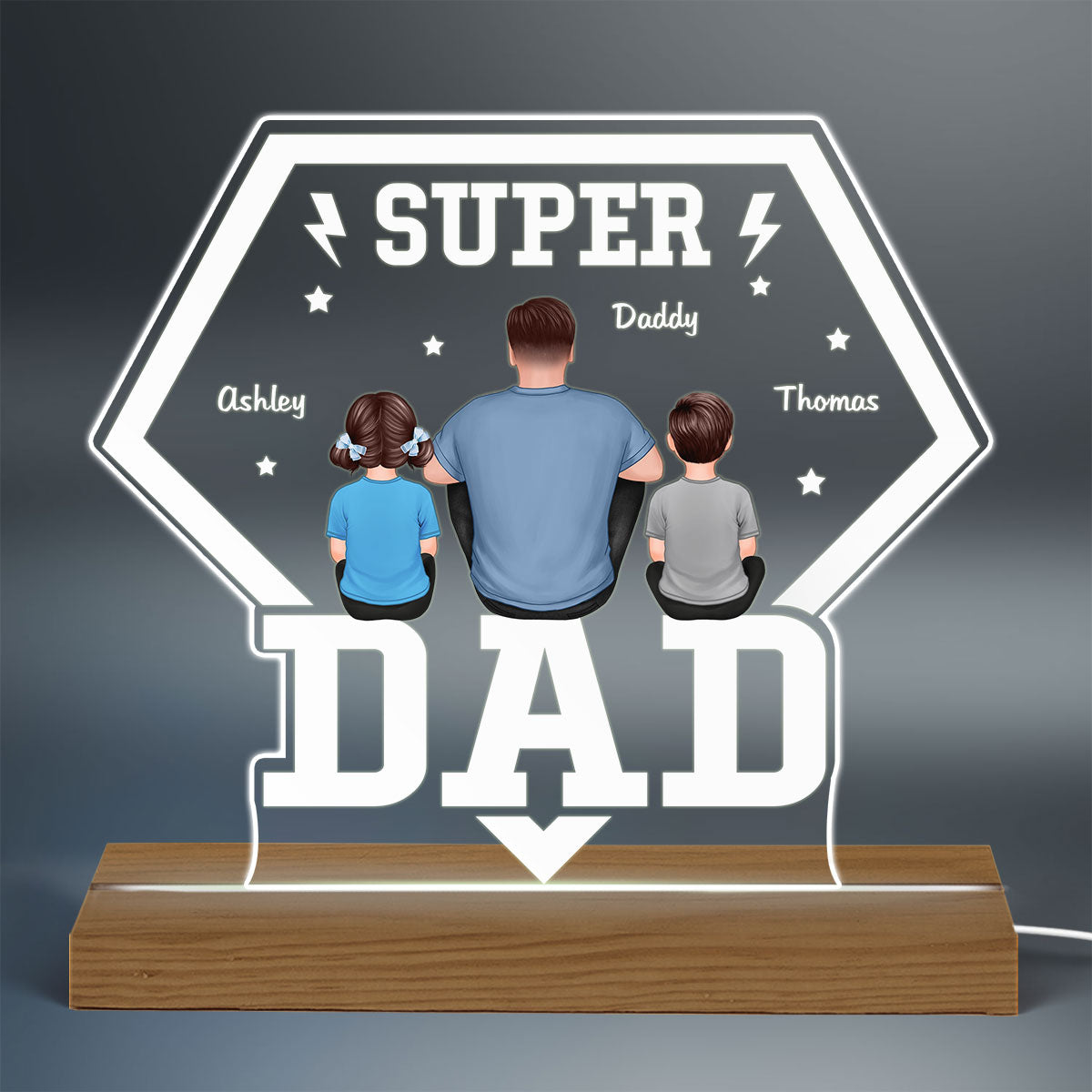 Super Dad And Kids Back View Personalized Custom Shape Acrylic LED Night Light