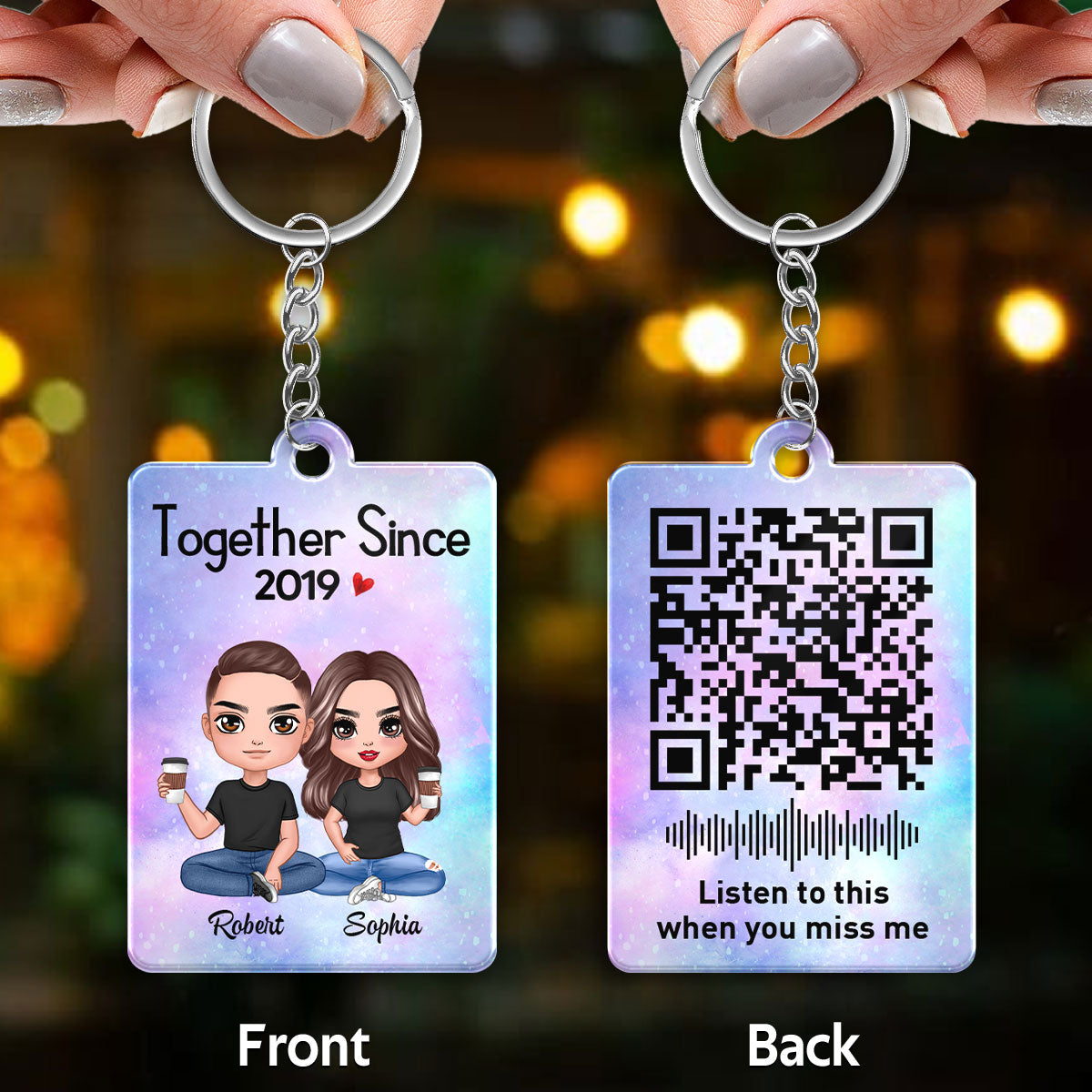 Doll Couple Sitting Voice Message QR Code Personalized Acrylic Keychain