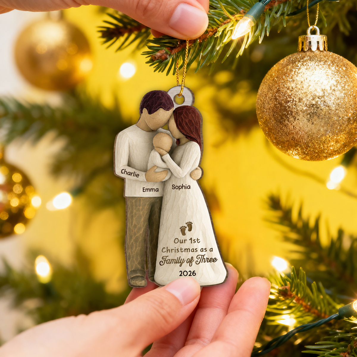 2D Flat Printed First Christmas As Family Of Three Mom Dad & Baby - Personalized Wooden Ornament
