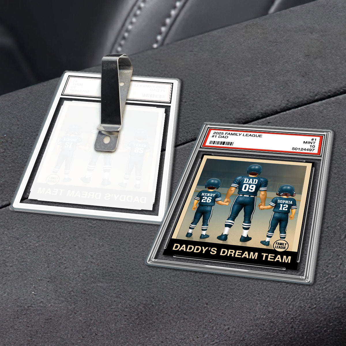 Football No. 1 Dad Man & Kids Trading Card Style Personalized Acrylic Car Visor Clip