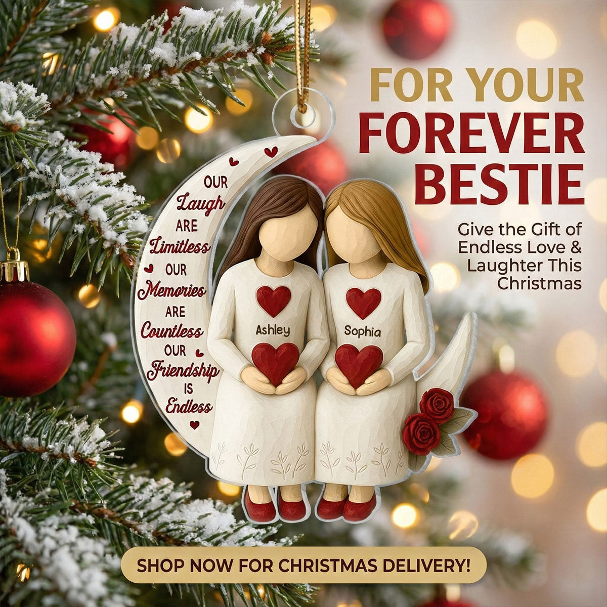 3D Effect Roses Besties On Moon - Personalized Wooden Ornament - Christmas Gift For Best Friends