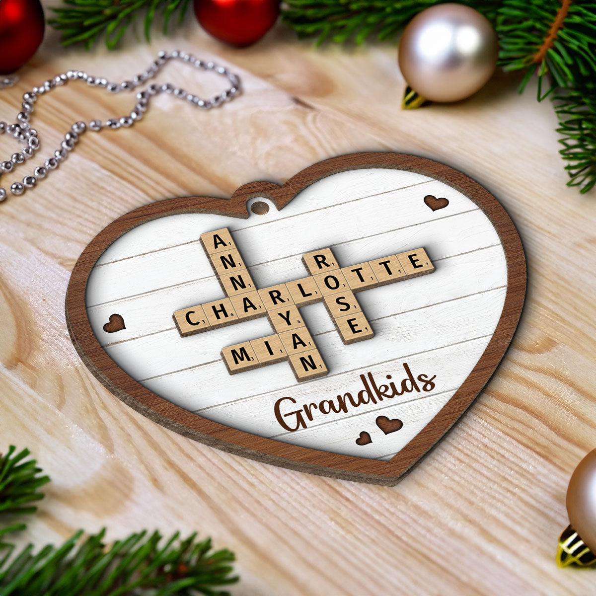 Grandkids Crossword Puzzle Art - Personalized 2-Layered Wooden Ornament - Christmas Gift For Mom, Gift For Grandma