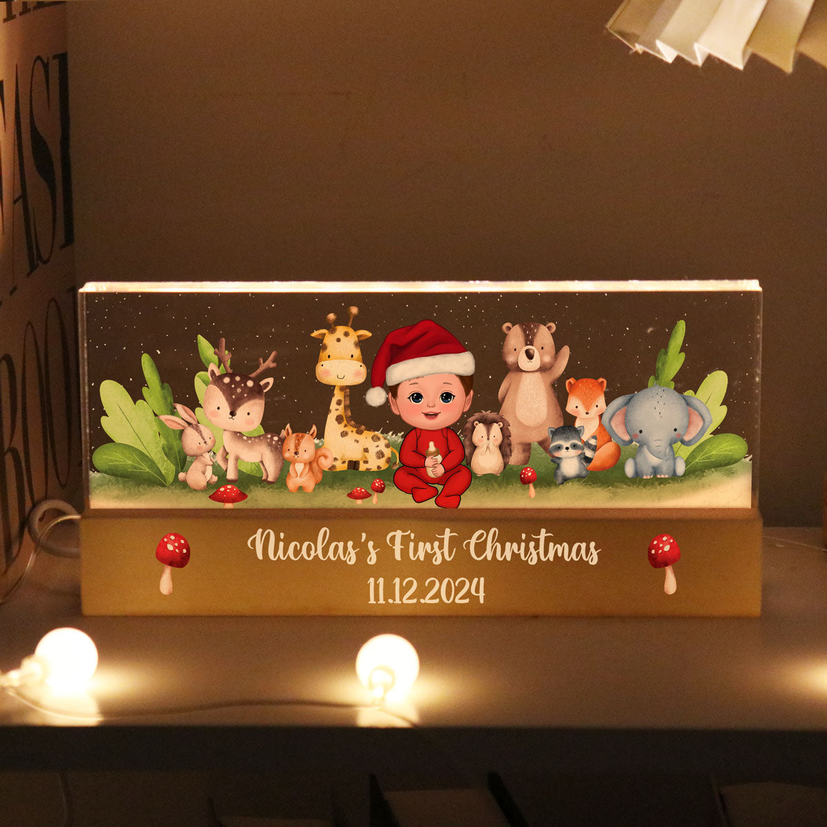 Woodland Animals Baby Christmas Personalized Acrylic Block LED Night Light