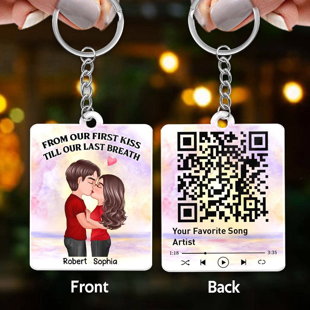 Couple Kissing Watercolor Beach Sky Favorite Song QR Code Personalized Acrylic Keychain
