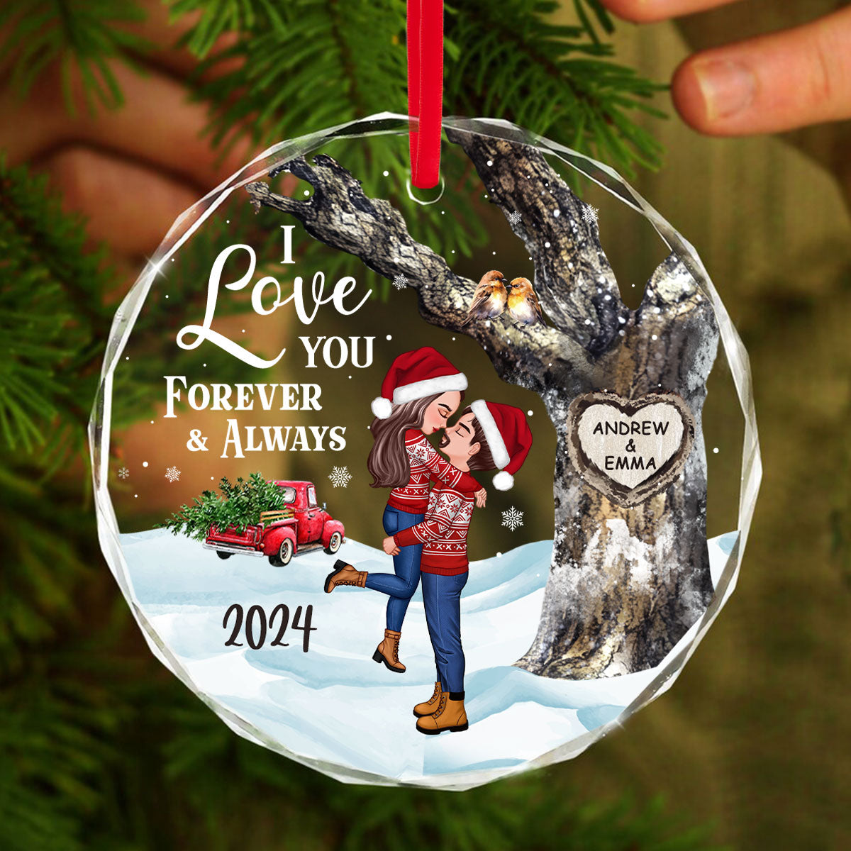 Couple Hugging Kissing Carved Heart Tree Personalized Glass Ornament, Christmas Gift For Him, For Her