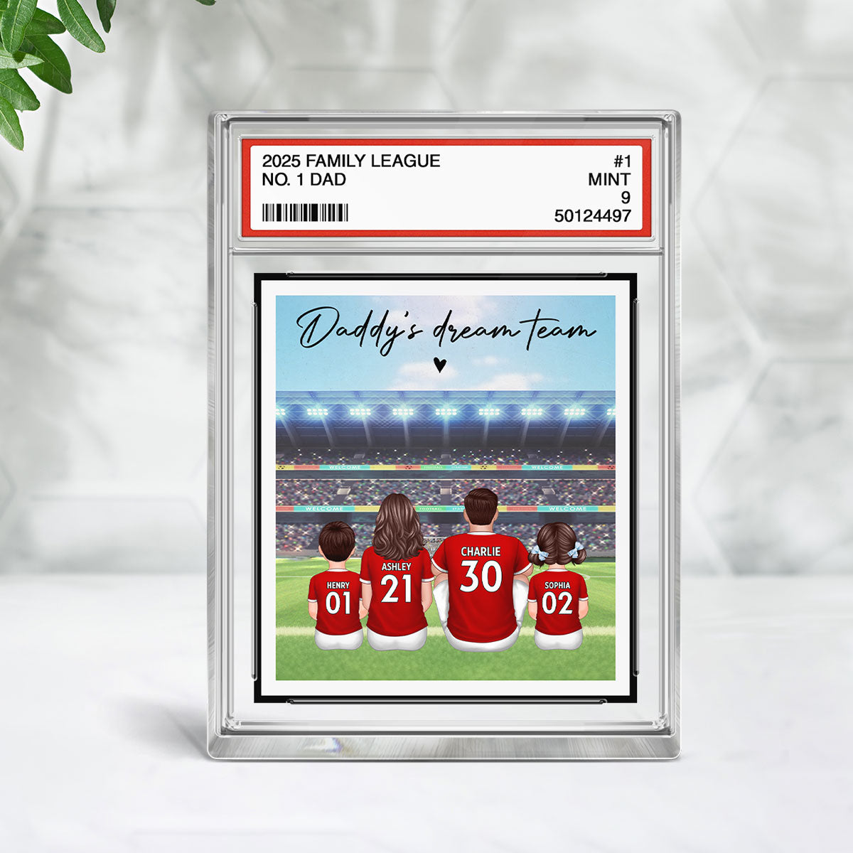 UK AU Football Daddy's Dream Team No. 1 Dad Man & Kids Sitting Trading Card Style - Personalized Acrylic Block Plaque