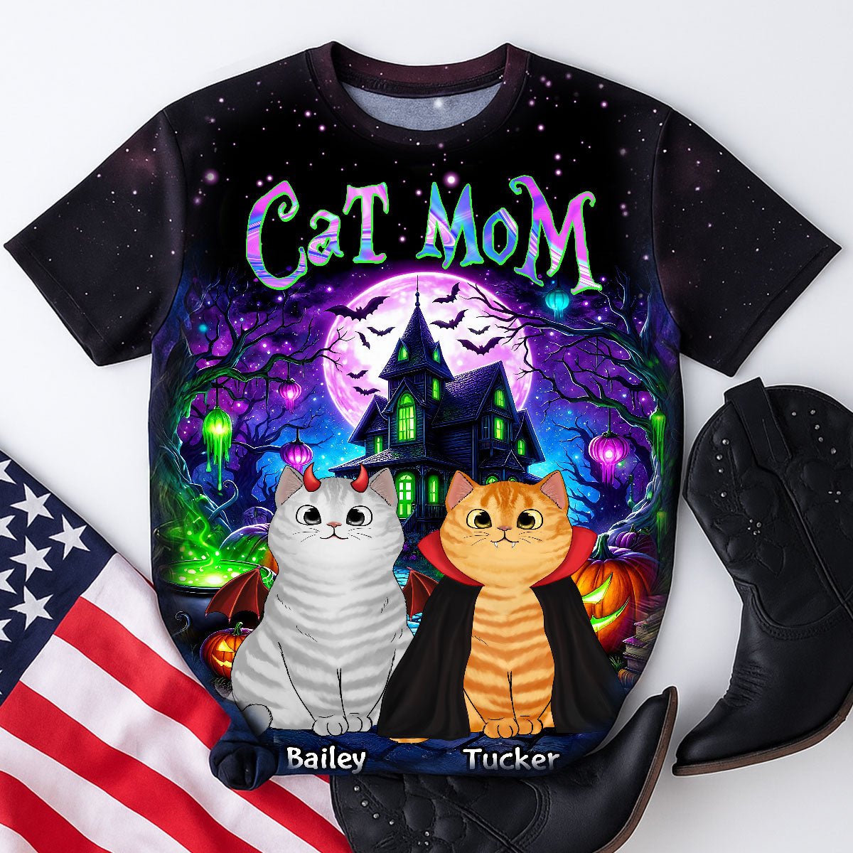 Cat Mom Halloween Dreamscape Background Personalized Shirt, Purrfect Costume for Cat Lover