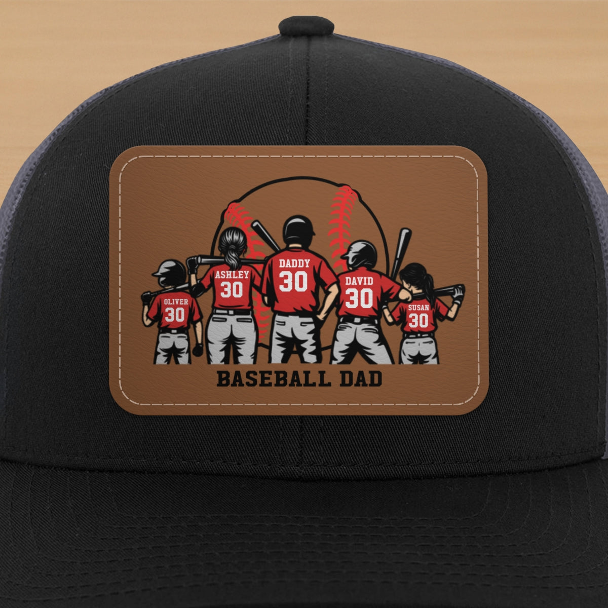 Baseball Dad And Kids Back View Silhoutte Personalized Leather Pacth Hat, Father's Day gift