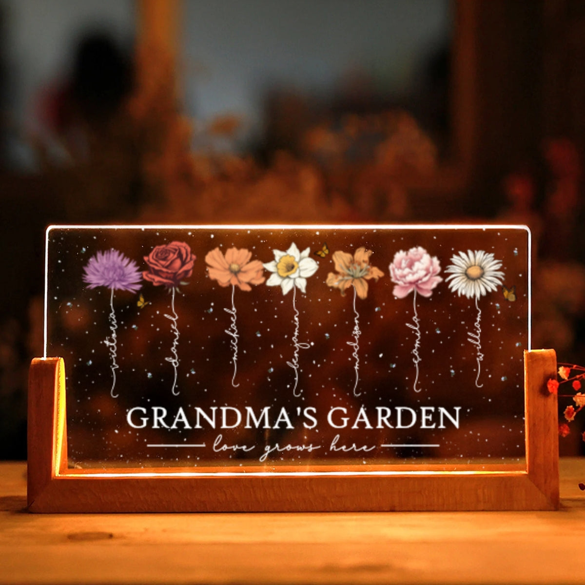 Grandma's Garden Love Grows Here Birthmonth Flowers Personalized U-Base Acrylic LED Night Light, Grandkids Names Floral Gift