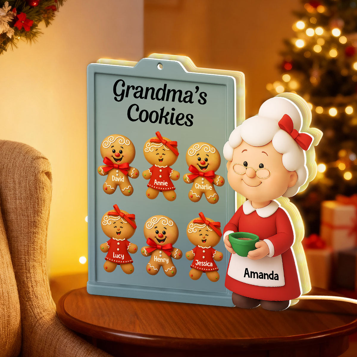 3D Effect Christmas Grandma Cookies Custom Grandkids Names - Personalized Light Box