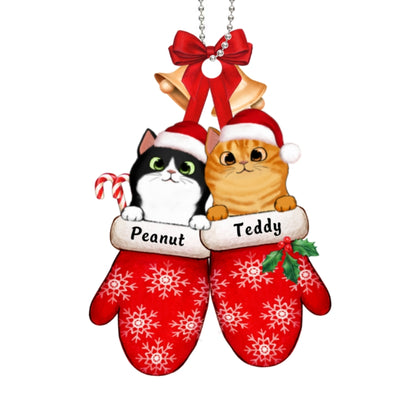 Peeking Cats On Christmas Gloves Personalized Wooden Ornament