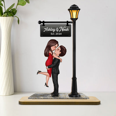 Couple Kissing Under Lamp Post Forever Love - Personalized 2-Layer Wooden Plaque - Heartfelt Anniversary Gift For Her, For Wife