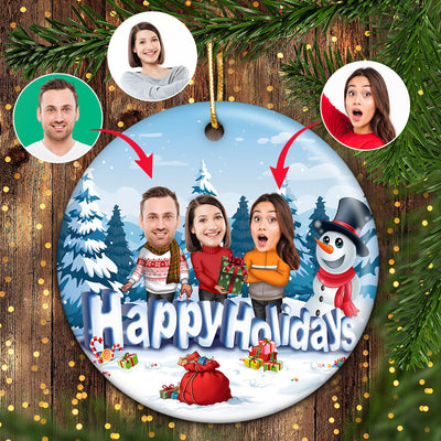 Happy Holiday Funny Family, Custom Photo Ornament, Personalized Family Photo Circle Ceramic Christmas Ornament, Family Keepsake