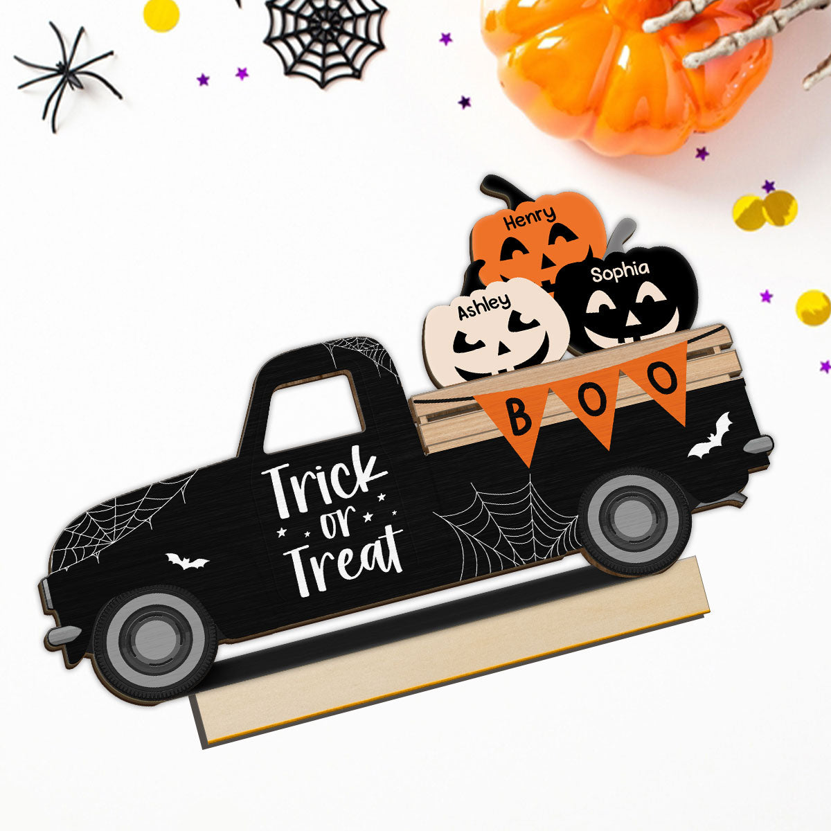 Halloween Pumpkin Truck Trick Or Treat Personalized 2-Layer Standing Wooden Plaque, Halloween Decoration, Tiered Tray Decor