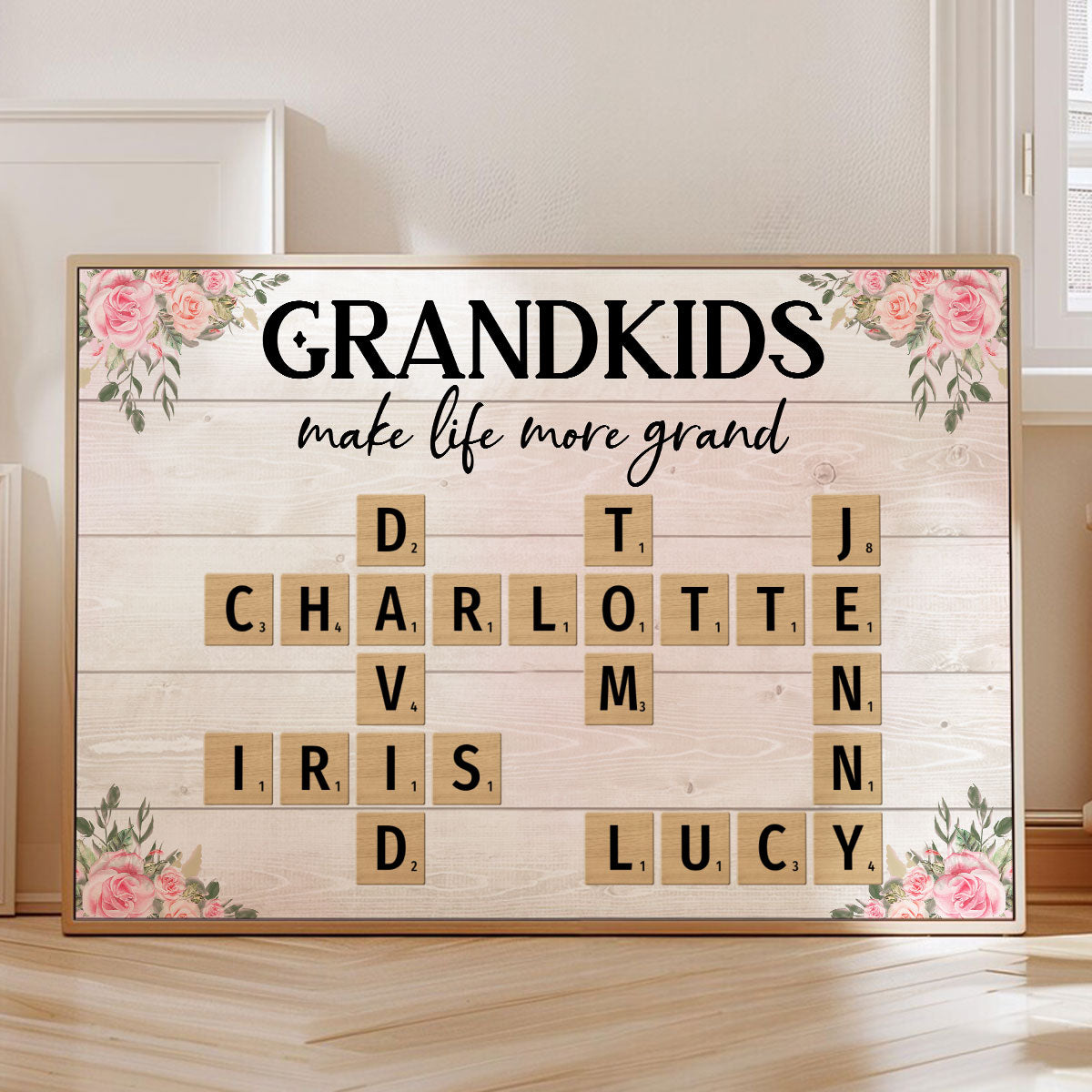 Floral Wooden Texture Grandkids Greatest Gift Crossword Puzzle Personalized Poster, Gift For Grandma