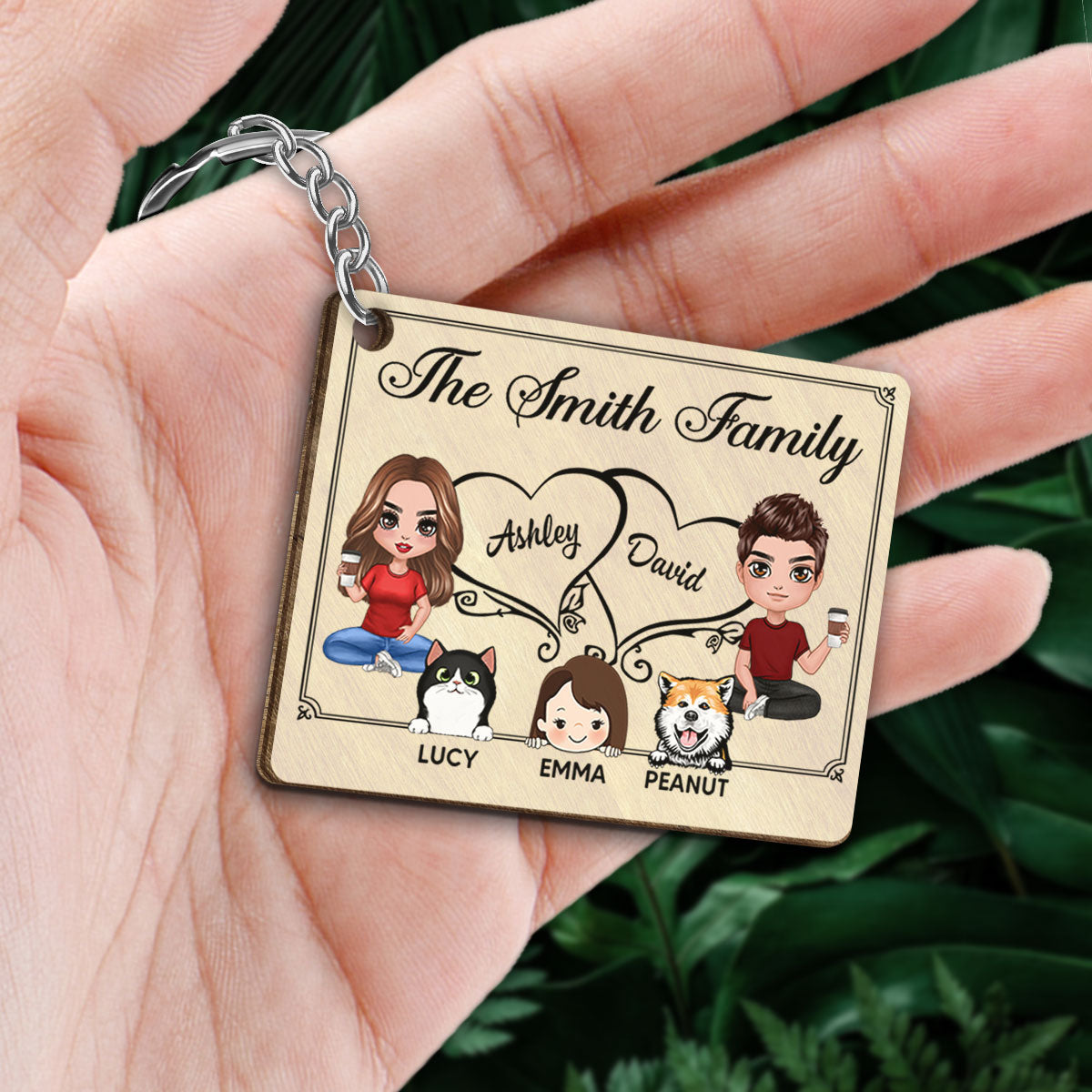 Whole Family Doll Couple Dad Mom Peeking Kids Dogs Cats Personalized Wooden Keychain