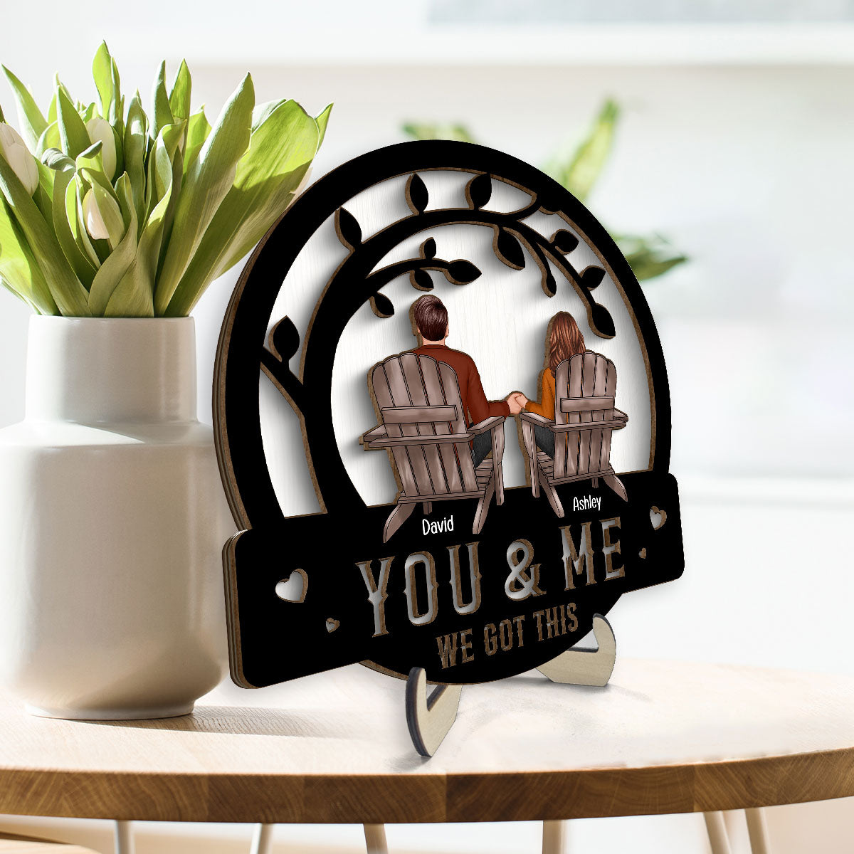 Couple We Got This Sitting Back View Under Tree Personalized 2-Layer Wooden Plaque