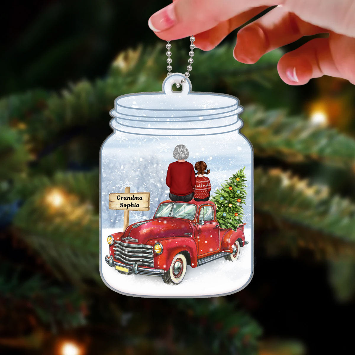 Grandma Grandkid Sitting On Christmas Truck In Mason Jar Personalized Acrylic Ornament