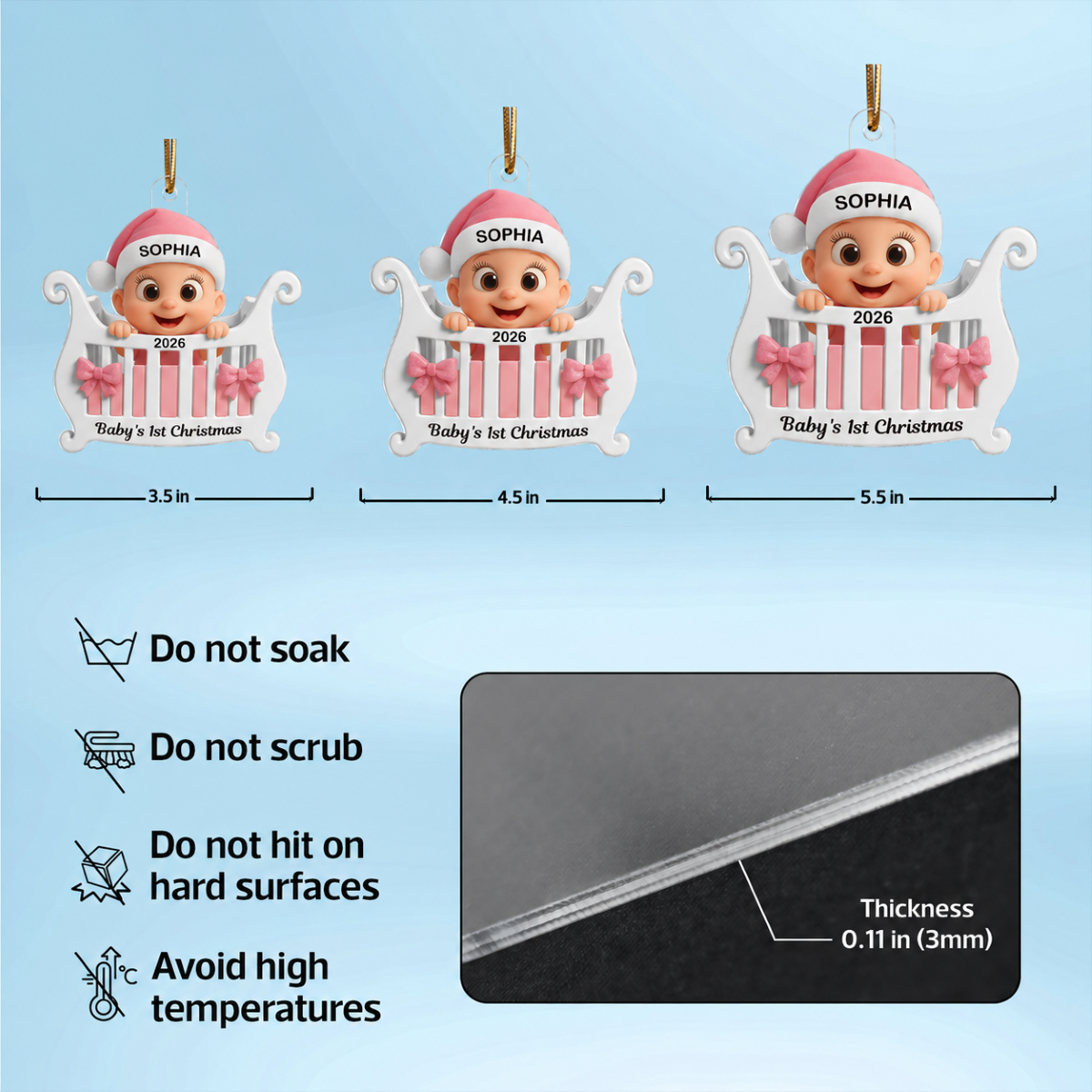 3D Effect Cute Cartoon Baby In Crib Baby's 1st Christmas Personalized Acrylic Flat Ornament