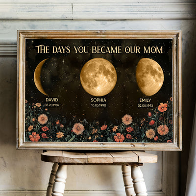Vintage Flowers The Day You Become Mom Birth Moon Phase Personalized Poster, A Heartfelt Gift for Mom’s Birthday, Mother’s Day, or Just Because
