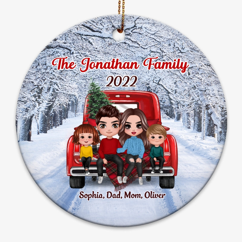 Family Sitting On Christmas Truck Winter Personalized Circle Ornament