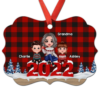 Grandma Grandkids Sitting 2022 Checkered Wood Personalized Christmas Ornament