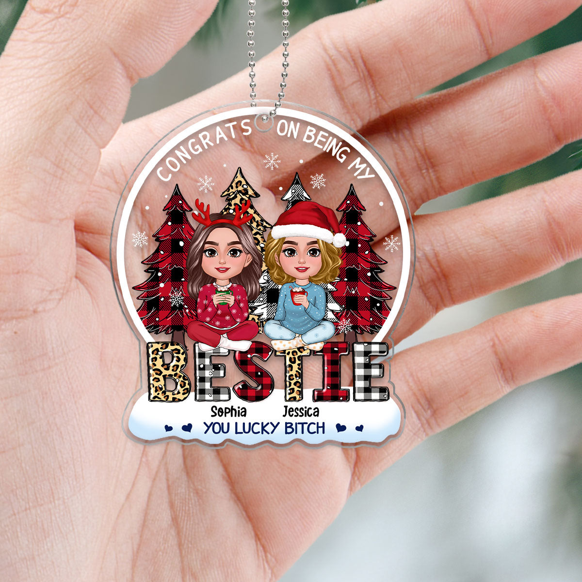 Congrats On Being My Besties Sisters Leopard Checkered Pattern Christmas Tree Personalized Acrylic Ornament