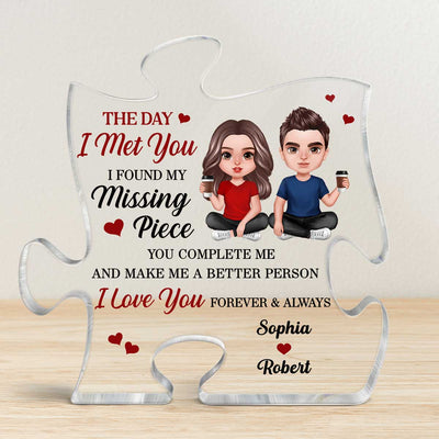 Doll Couple Sitting Realistic Found My Missing Piece Personalized Puzzle Acrylic Plaque